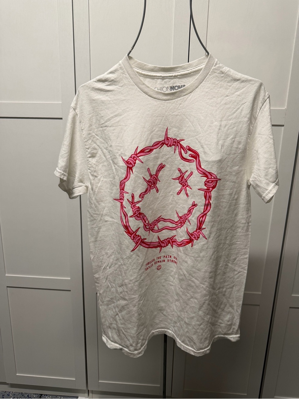 Fashion Nova White Tee with Pink Barbed Wire Smiley Graphic